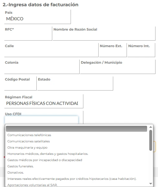 Menú desplegable para seleccionar el Uso CFDI al facturar tickets de OXXO