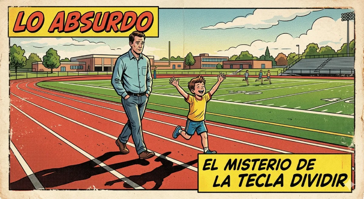 Padre e hijo caminando en una pista de atletismo mojada, imagen de fondo para una anécdota escolar divertida.