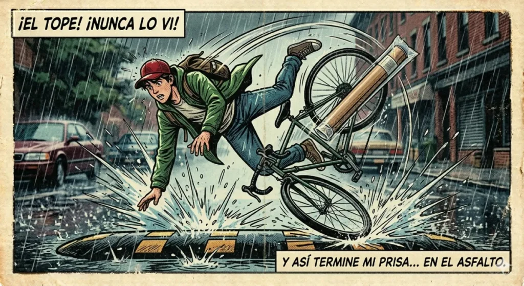 Un joven estudiante en bicicleta cae al suelo bajo la lluvia, cartulina en mochila, escena de una anécdota escolar divertida.
