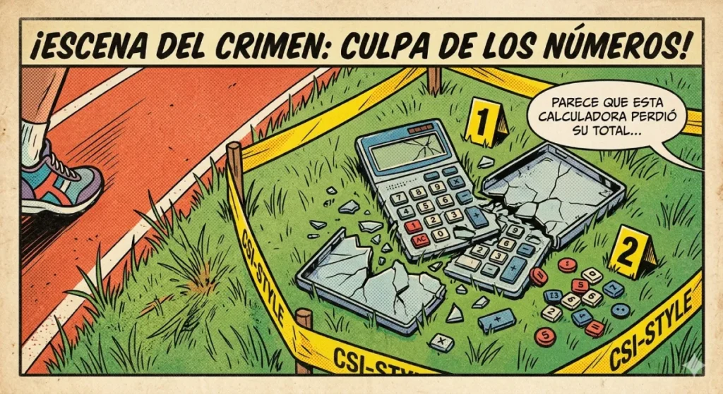 Restos de una calculadora escolar rota y esparcida sobre el pasto, escena final de una anécdota escolar divertida.