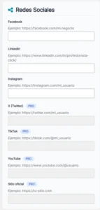 En configurar tu tarjeta en Profesionista.Click tienes a la mano la opción de poner tus redes sociales.