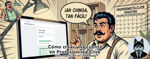 Personaje tipo cómic con bigote y tirantes, 'El Respondón', señala sorprendido la pantalla de la computadora donde dice "Crear Cuenta", exclamando "¡Ah chinga, tan fácil!", ilustrando la sencillez de Profesionista.Click.