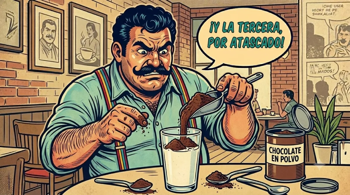Persona agregando tres cucharadas de chocolate en polvo a un vaso de leche fría estilo el respondón.