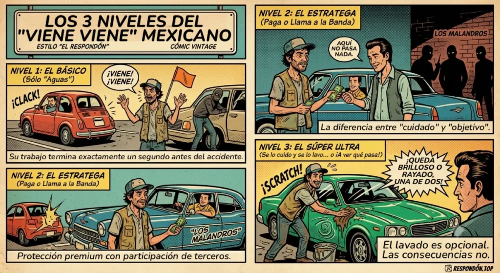 Ilustración vintage de un viene viene en un estacionamiento, mostrando jerarquías como estafador y cínico.