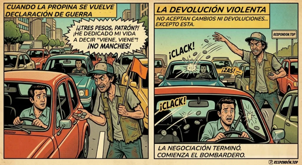 Filas de autos antiguos en un estacionamiento donde un viene viene gesticula agresivamente hacia un conductor reacio