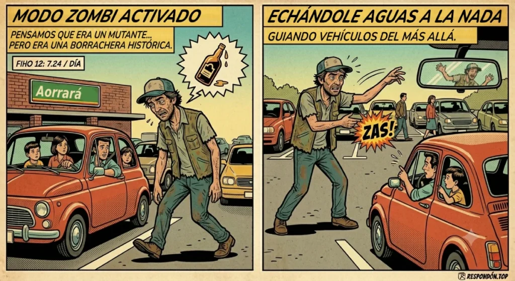 Un viene viene notablemente ebrio y tambaleante cerca de autos, con una botella de alcohol dibujada en un globo de pensamiento.
