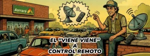 Composición de portada tipo cómic retro que integra elementos de todas las escenas, incluyendo el satélite y el control remoto.