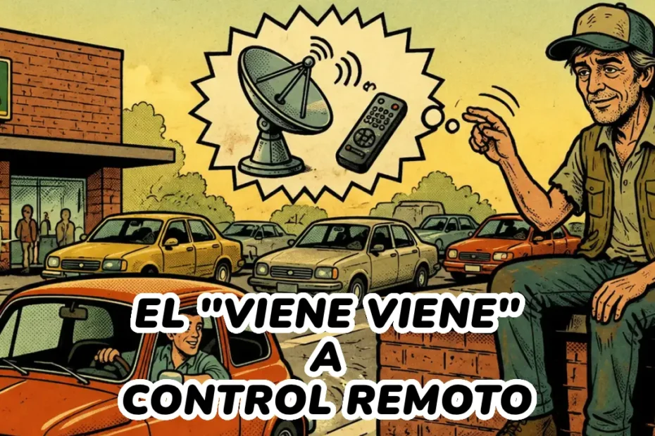 Composición de portada tipo cómic retro que integra elementos de todas las escenas, incluyendo el satélite y el control remoto.