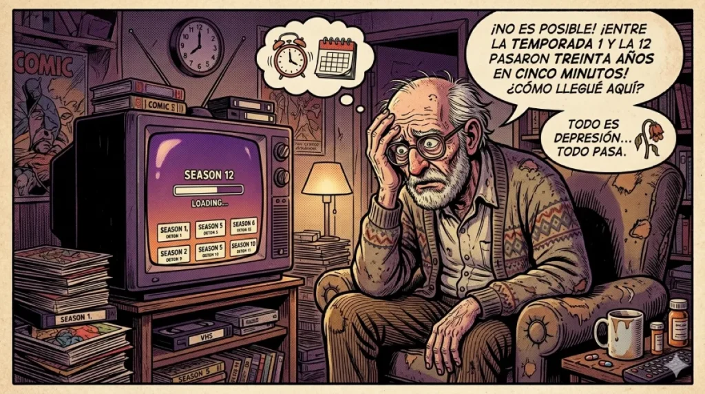 Ilustración de un hombre mayor frente al televisor cargando la temporada 12 en Max, reflejando el trauma del streaming y cómo un maratón de series nos da el viejazo instantáneo.