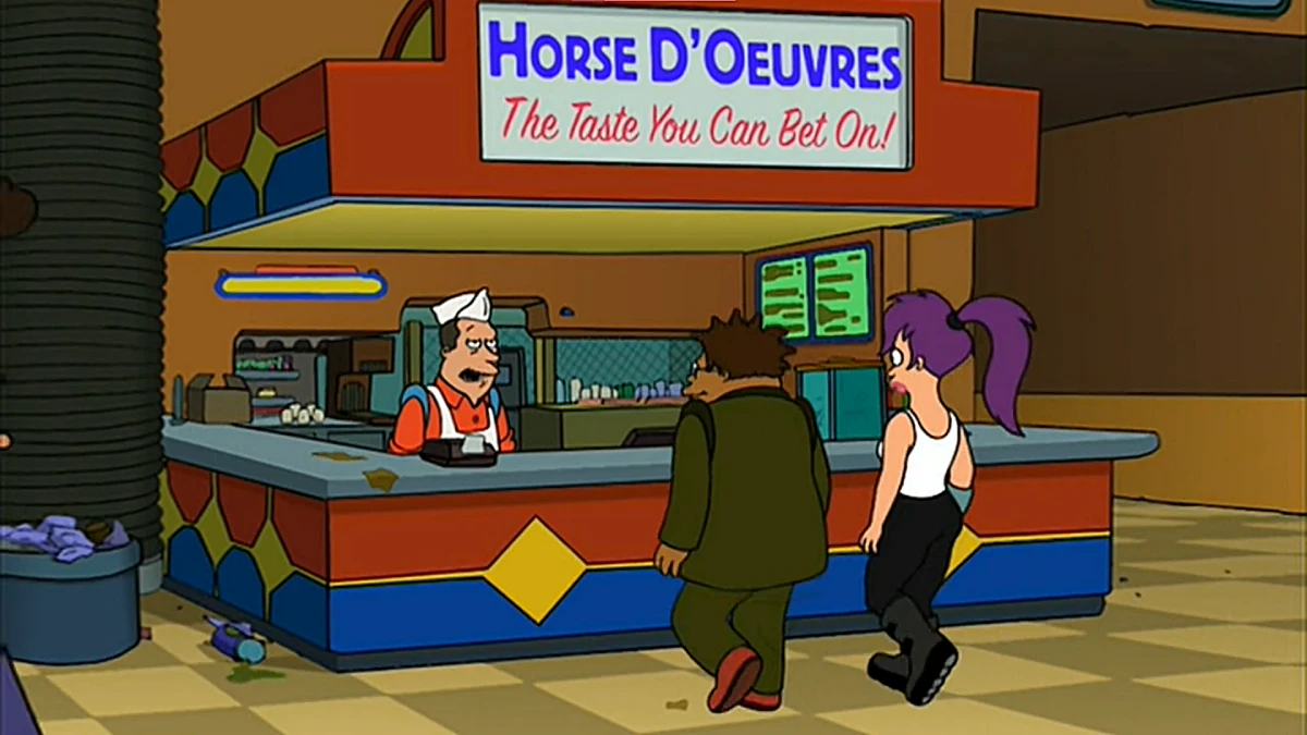 Hermes y Leela en el hipódromo durante el capítulo "La suerte de los Fry" de la serie Futurama Sección Lo Absurdo