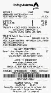 Ejemplo de un ticket de compra de Bodega Aurrera Express con los códigos TR y TC necesarios para facturar tickets de Aurrera en línea.