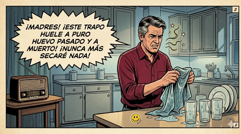Hombre secando trastes con trapo viejo