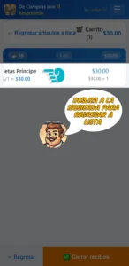 En carrito, al deslizar el artículo a la izquierda, se regresará a la lista