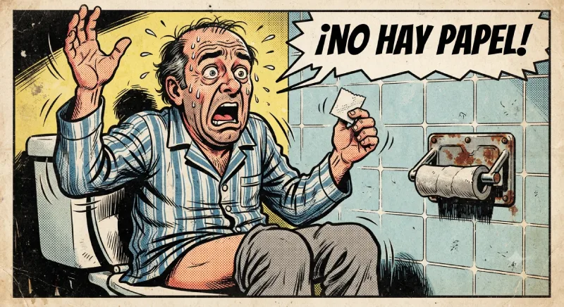 En el baño con expresión de horror gritando ¡NO HAY PAPEL! y señalando el portarrollos vacío. Ilustración estilo cómic de época sobre la tragedia del papel higiénico.