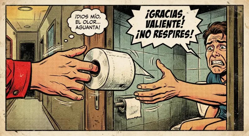 Escena de cómic vintage donde un familiar entrega papel higiénico a alguien en apuros, resaltando el riesgo biológico y la tragedia de la situación en el baño.