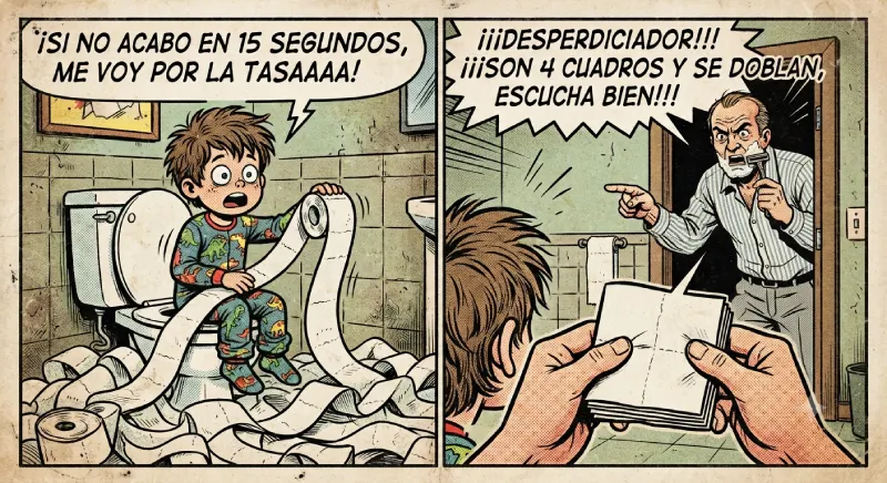 Viñeta estilo cómic que muestra a un niño desenrollando excesivamente papel higiénico, reflejando el trauma infantil por el desperdicio del insumo.