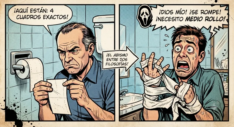 Cómic retro que ilustra la frustración de contar cuadros de papel higiénico, demostrando cómo la mala ingeniería de los dispensadores modernos causa desperdicio.