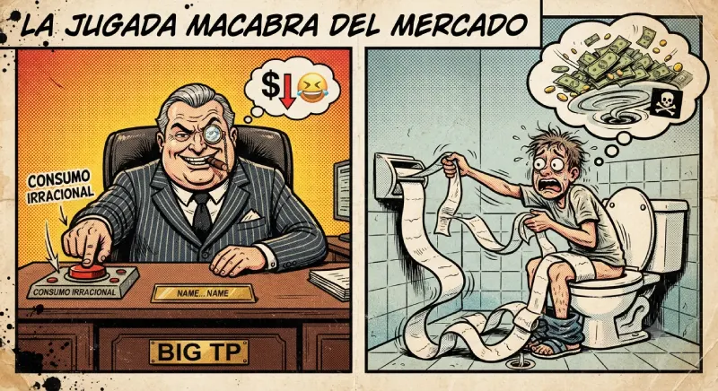 Sátira en cómic sobre la jugada macabra del mercado al vender papel higiénico delgado, obligando al consumo irracional del consumidor.