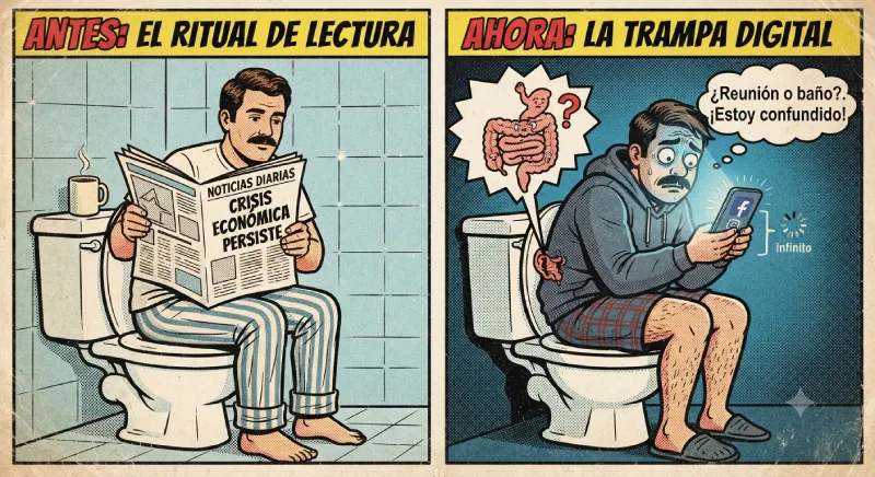 Comparativa en cómic retro entre leer una revista y el uso del celular en el baño, mientras se reflexiona sobre la falta de innovación en el soporte de papel higiénico.