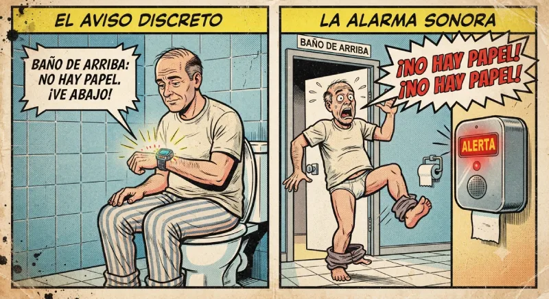 Viñeta de dos paneles que ilustra la vigilancia doméstica: un reloj inteligente advierte la falta de papel higiénico antes de que ocurra la tragedia en el baño.