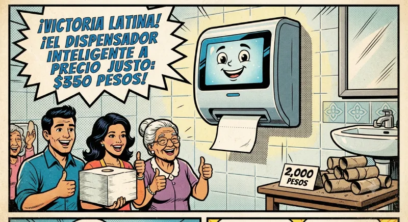 Cómic vintage que celebra la victoria latina del dispensador de papel higiénico inteligente a un precio justo, dejando atrás los productos sobrevalorados.