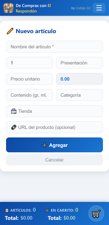 Formulario completo para una lista de Compras de la app del Respondón