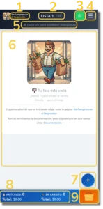 Anatomía de la Pantalla Principal de De Compras con El Respondón con los elementos numerados del 1 al 9.