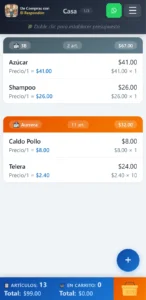 Vista de la Pantalla Principal con artículos agrupados por tiendas y resumen en la aplicación De Compras con El Respondón.