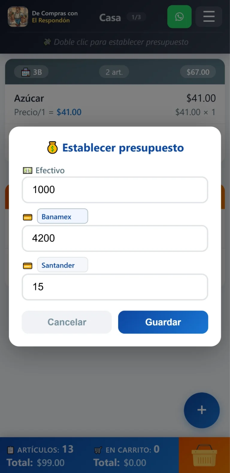 Ventana modal para establecer presupuesto en la Pantalla Principal de la aplicación De Compras con El Respondón.