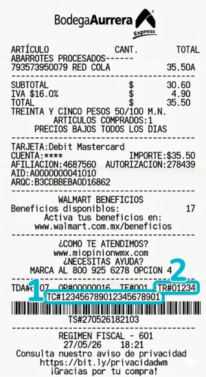 Datos necesarios señalados en el recibo de compra para facturar tickets de Aurrera, mostrando la ubicación exacta de los códigos TC y TR.